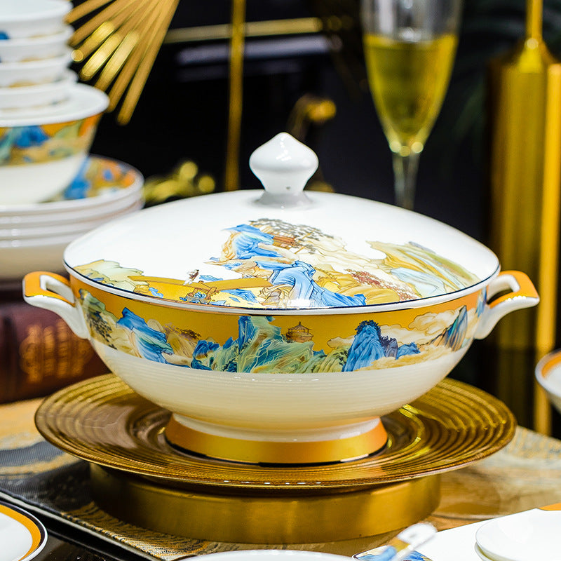 Jingdezhen dishes tableware set fish plate high-foot rice bowl bone china high-end high-end gift box housewarming wedding gift