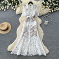 Frenchaccessible luxury heavy industry lacecut out silk dress women's summer k-style lapel waist slimming lookwork clothingelegance long skirt