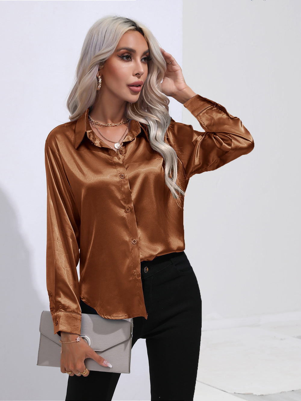 Hot-selling real shot: women's satin shirt - faux silk long sleeve blouse, new spring/summer collection, european & american cross-border women's fashion
