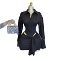 European and american cross-border women's fashion  summer new sexy hot girl turn-down collar long sleeve bodysuit high-waisted midi skirt set