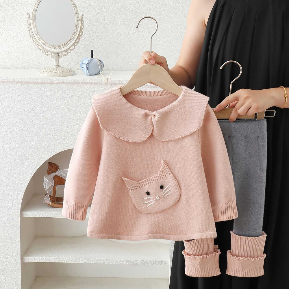 Girls' cartoon cat outfit: new korean style knitted cardigan & cute baby sweater leggings two-piece set