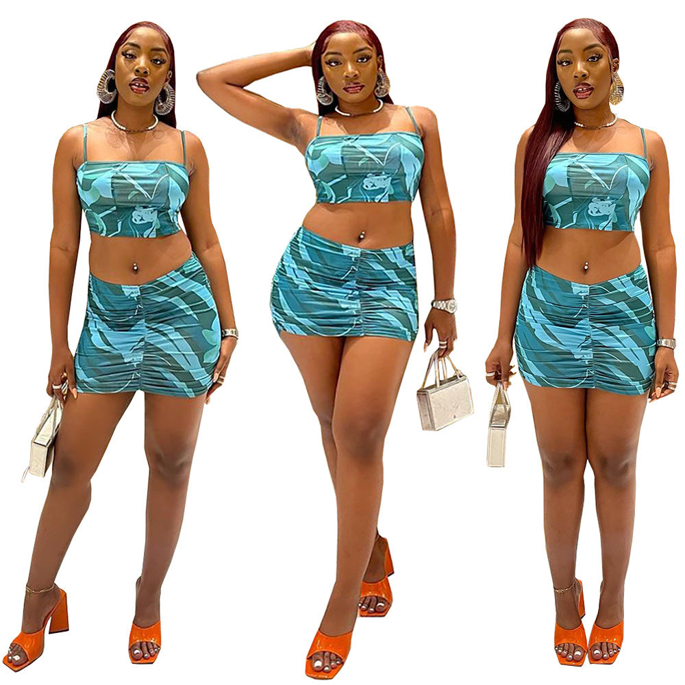 European and american two-piece set:  &  cross-border women's streetwear sleeveless cami top & pleated print skirt set