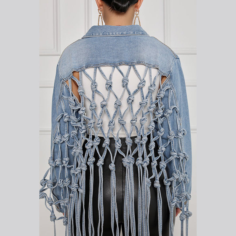 Real shot braided denim jacket for women, new hot-selling european and american style, blue washed jacket, loose denim top