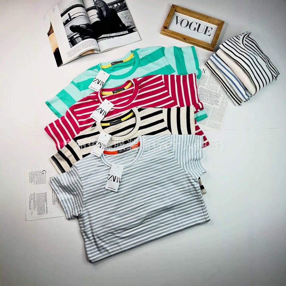 New women's short-sleeved t-shirt stripestopsin stock wholesalewomen's t-shirt wholesale short