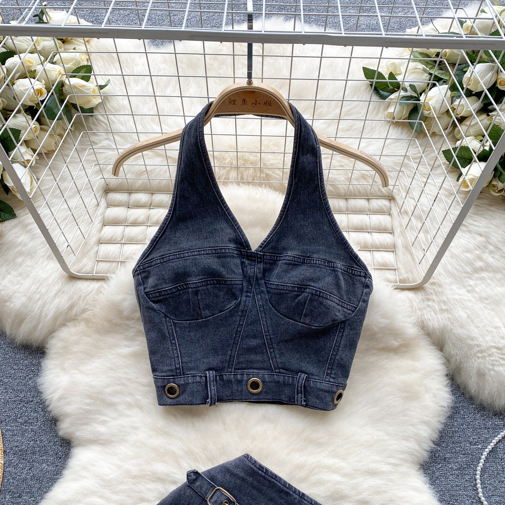 Dopamine cool spicy denim suit women's summer retrosense of design halter camisole + high waist hip cover skirt