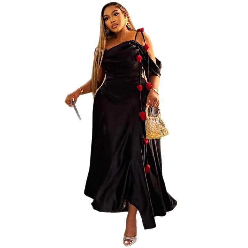 European and american cross-border women's clothing:  summer new arrival - elegant off-the-shoulder design, figure-flattering, heavily embellished a-line dress