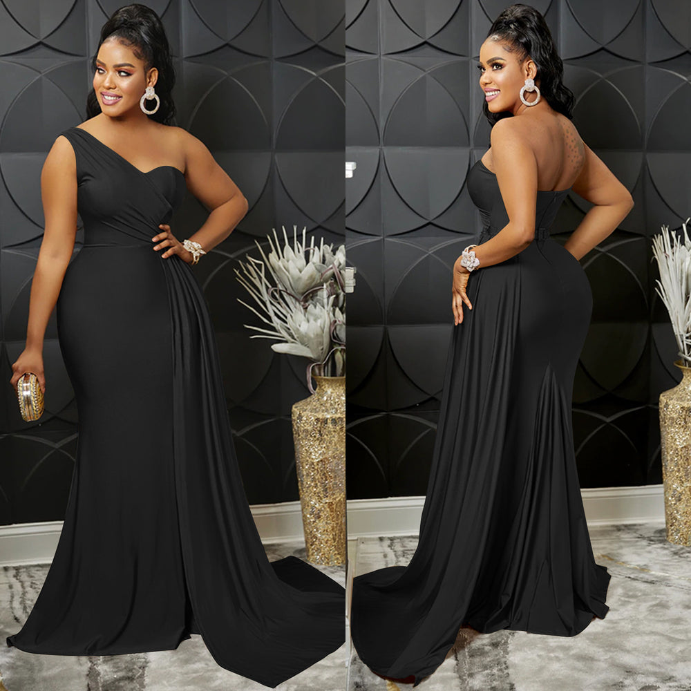 X5819 european and american new arrival   fashion solid color party bodycon one-shoulder sleeve maxi dress for women