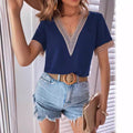 new european and american style satin lace trim v-neck solid color loose-fit top - elegant commute short-sleeve blouse