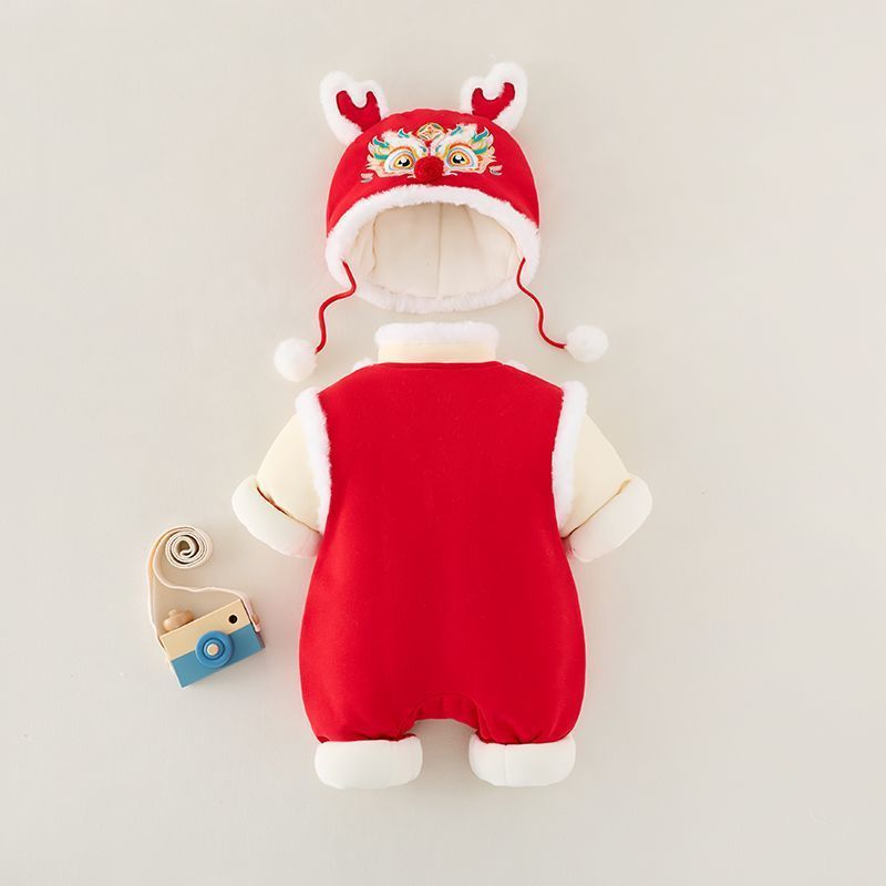 Baby thickened winter clothes newborn outfit new year bodysuit baby red full month celebration winter new year's greeting