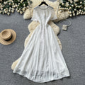 French style lace embroidery a-line dress - women's summer short sleeve high waist slimming elegant maxi dress