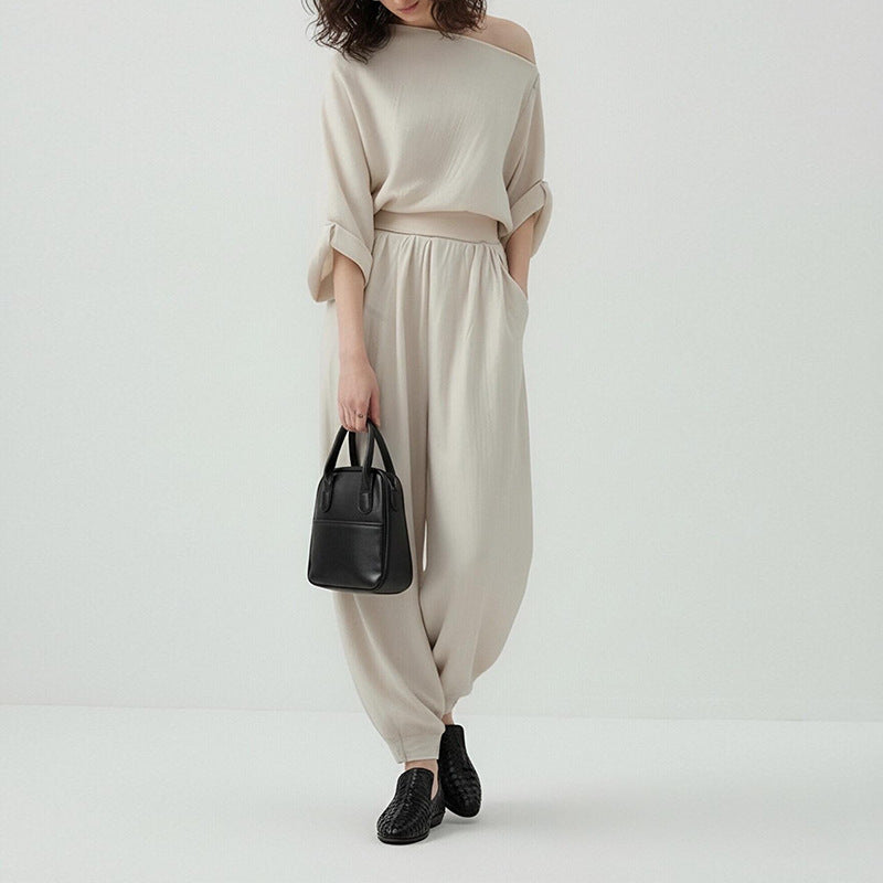 european and american cross-border women's summer outfit set: new casual loose off-shoulder top and wide-leg lantern pants two-piece set