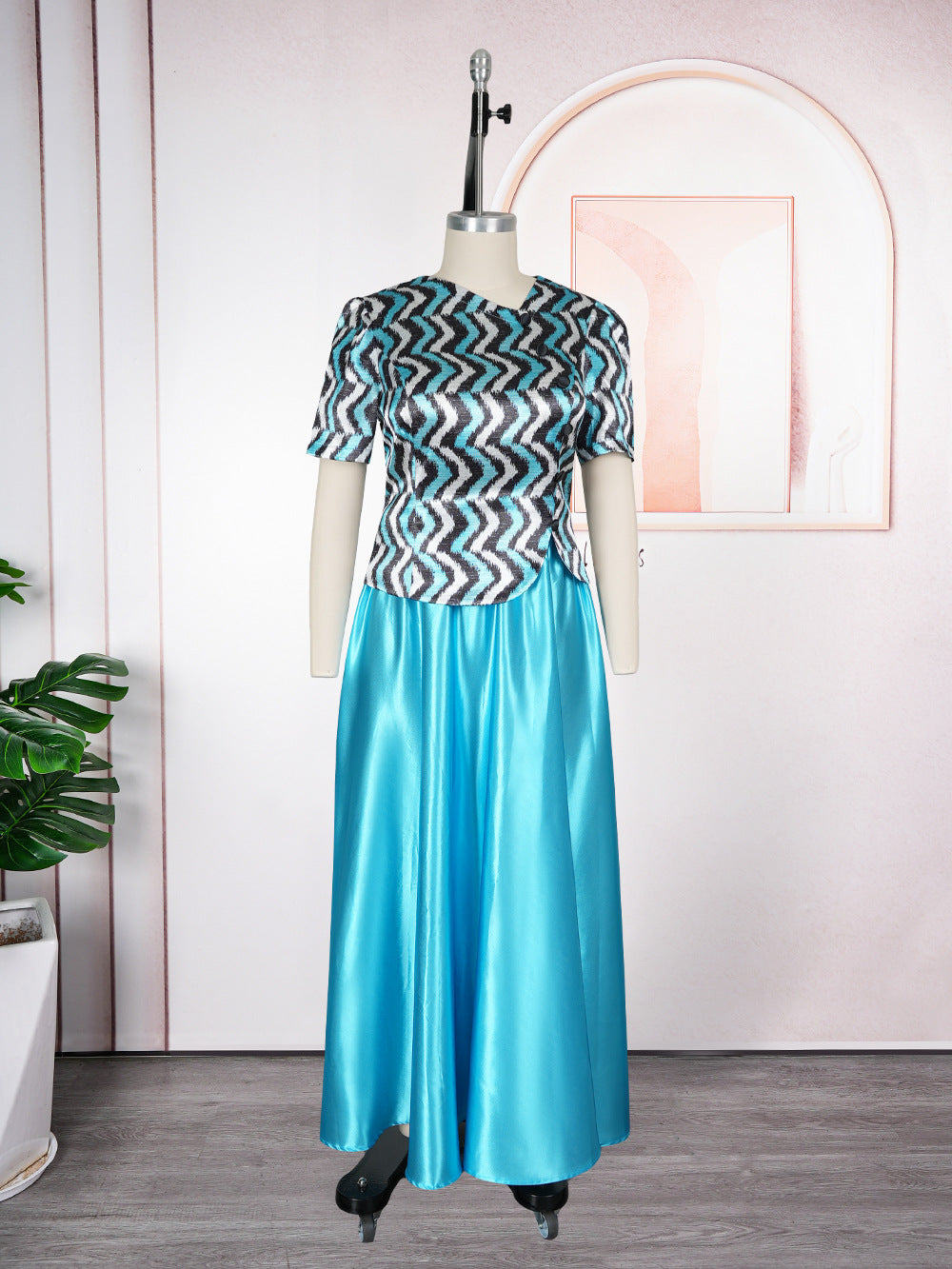 Aliexpress cross-border plus size midi skirt + t-shirt dress african women's crystal satin print two-piece skirt set