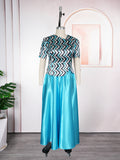 Aliexpress cross-border plus size midi skirt + t-shirt dress african women's crystal satin print two-piece skirt set