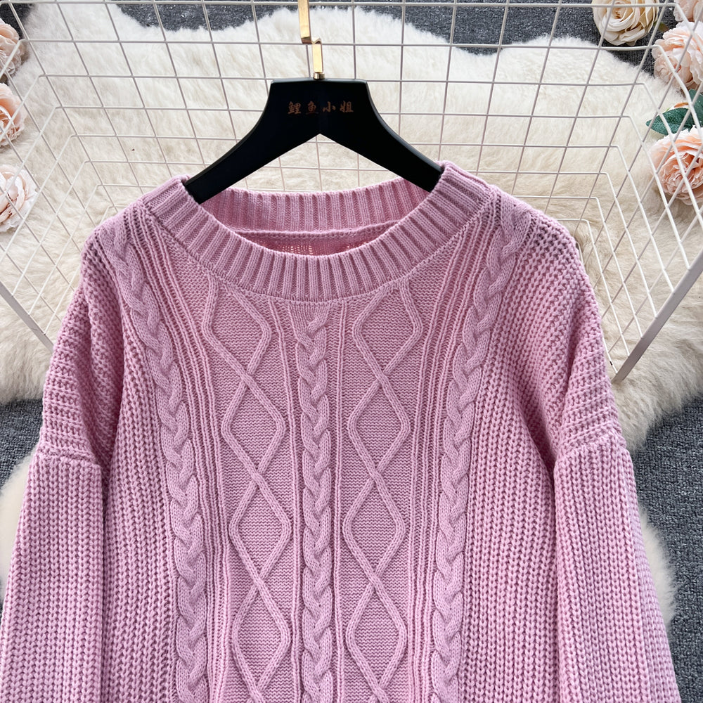 Fashionsuit women's french gentle style loosecable stitchsweatersweaterhigh waistslimming lookdrapedpantstwo-piece set