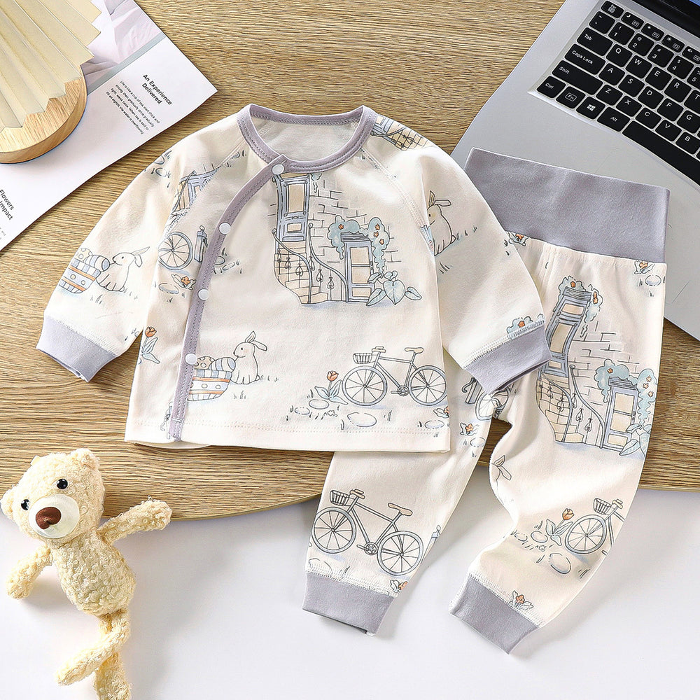 Newborn baby underwear set, all-cotton seamless thermal underwear, cute cartoon design, high-waisted pants for baby, belly protection