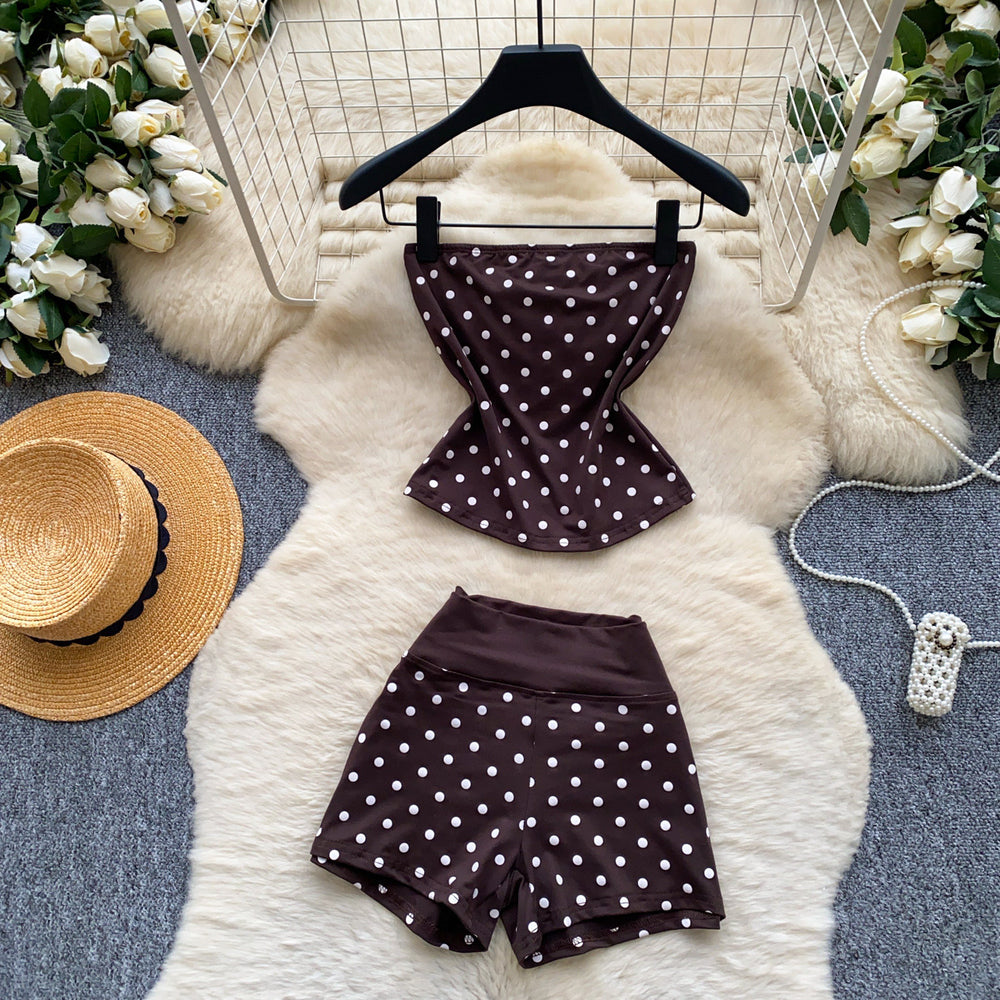 Gentle wind red polka dot tube top vest high waistshortstwo-piece set female summercasualslimming looksuit outfit