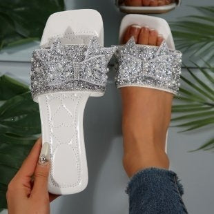 Plus size women's summer sandals & slippers -  new collection: bowknot rhinestone flat slide sandals - ready to ship