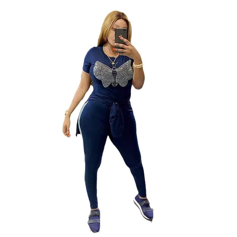 Special offer: factory direct fleece short-sleeve t-shirt with long slit and matching skinny pants fashion set - rhinestone butterfly detail
