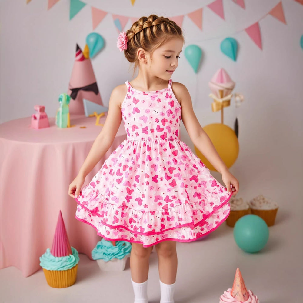 Kids' strawberry ice cream digital print cami dress with double-layered hem