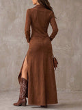 Autumn/winter coffee brown slim-fit long sleeve shirt and slit ruffle hem midi skirt retro western two-piece set
