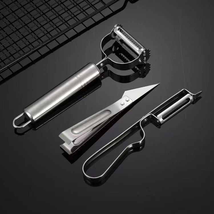 Kitchen peeler set - 3 piece multi-functional stainless steel peeler, fruit and vegetable peeler, potato peeler, and paring knife with poultry plucker and pig hair removal tool