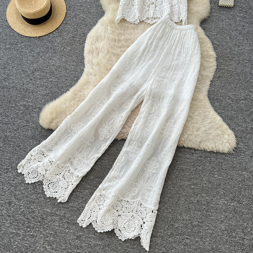 French chic lace cutout two-piece set for women -  summer new arrival: short-sleeve slimming sun protection shirt set