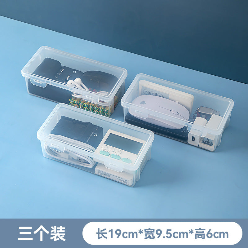 Desktop multi-functional sundries storage box, transparent plastic with cover, stackable accessories, earphone data cable storage box