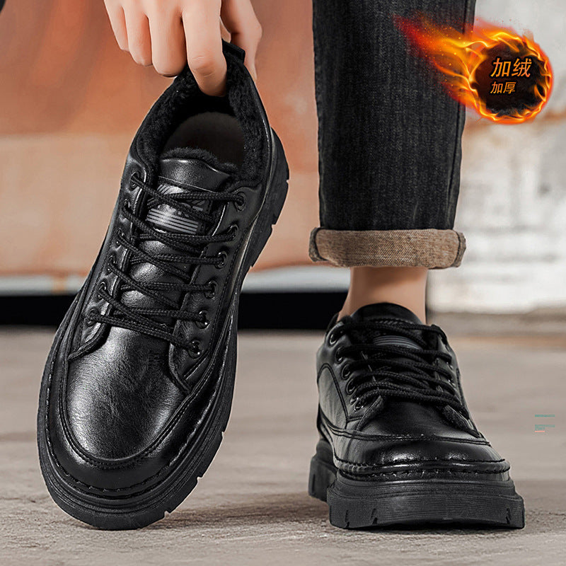 Men's winter new arrivals: versatile casual leather shoes with fleece lining for warmth. trendy british style business anti-slip work shoes