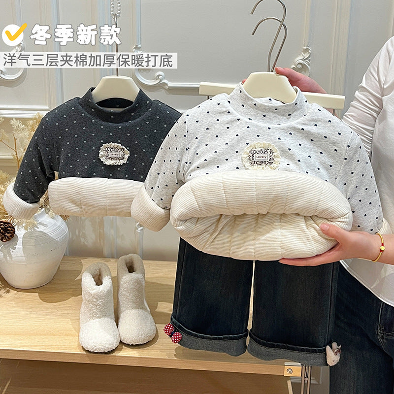 Autumn winterk-stylegirl trendy sweatshirtlong sleevestops baby three-layer quilted thickened cotton coat kids children's clothing thick