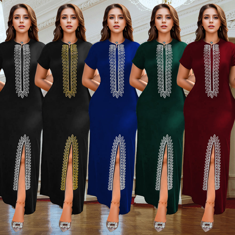 C7261 cross-border   fashion women's hot diamond arm slit elegancesilm dress