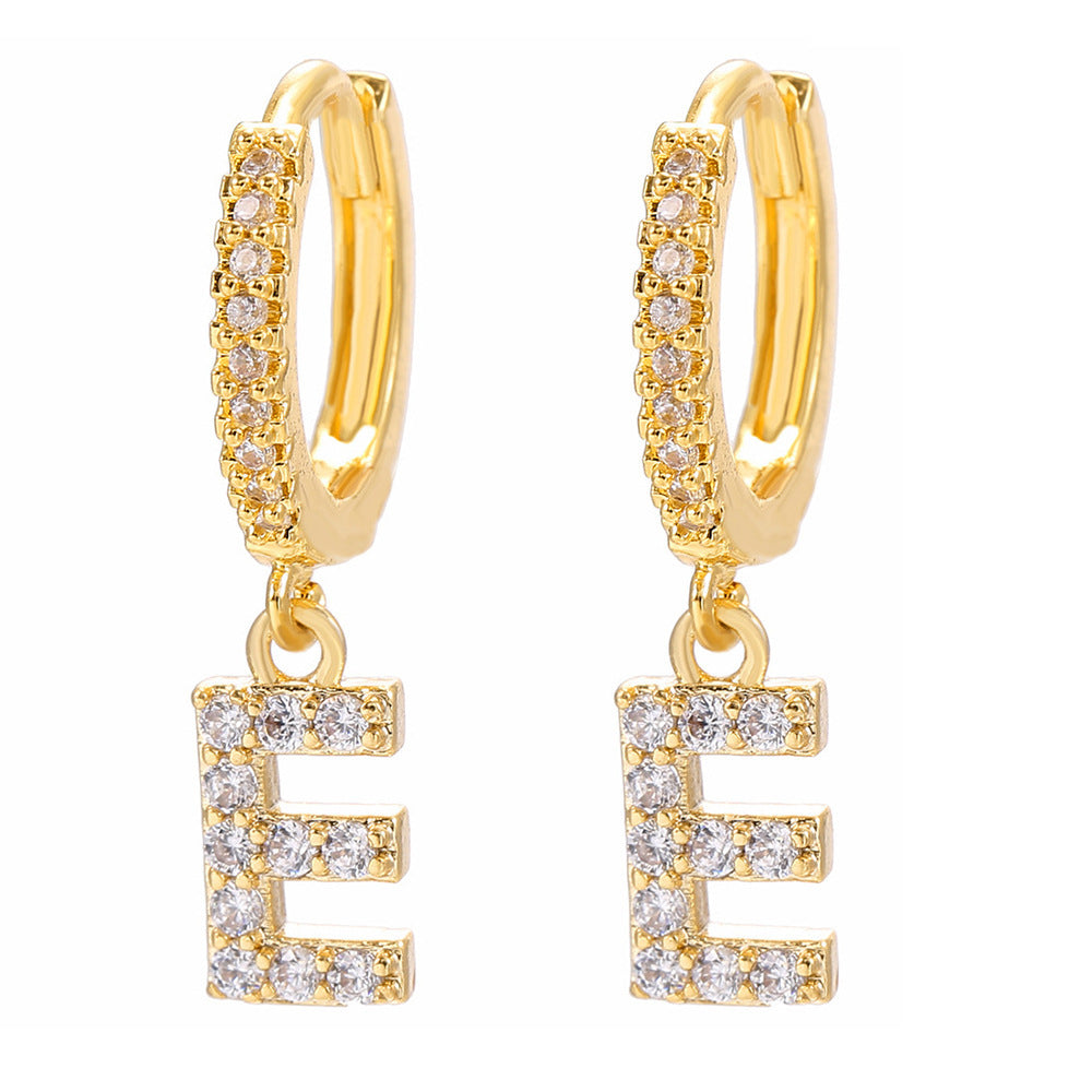 European and american gold-plated micro-paved zircon 26-letter initial pendant earrings - fashionable, unique, high-end, and chic hoop earrings with tassel detail