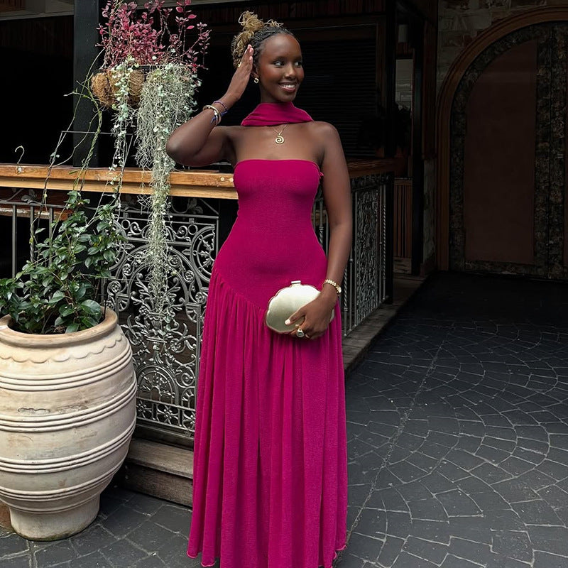 European and american cross-border women's fashion  summer new arrival: elegant choker strapless bodycon rose red long evening dress