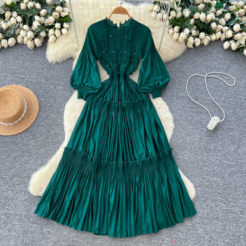 Frenchretro lantern sleeve pleateddress women's waist slimming lookk-style a-line long skirt lady style layered long skirt