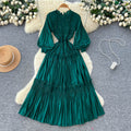 Frenchretro lantern sleeve pleateddress women's waist slimming lookk-style a-line long skirt lady style layered long skirt