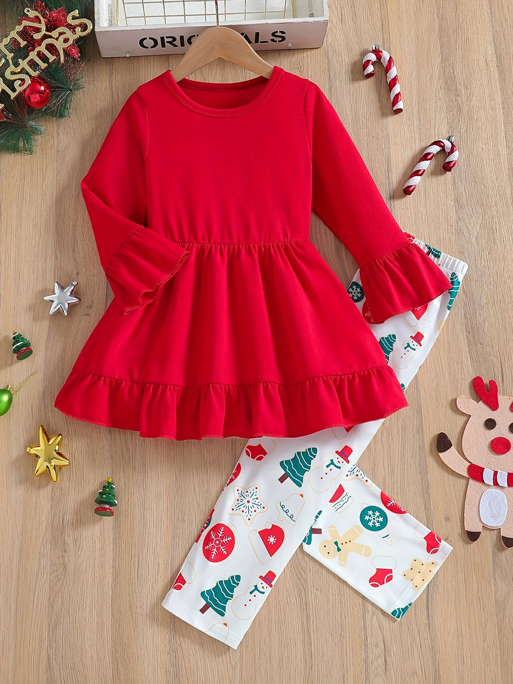 Girls' two-piece christmas outfit: red crewneck top with flared sleeves and printed skirted pants set (suitable for export)
