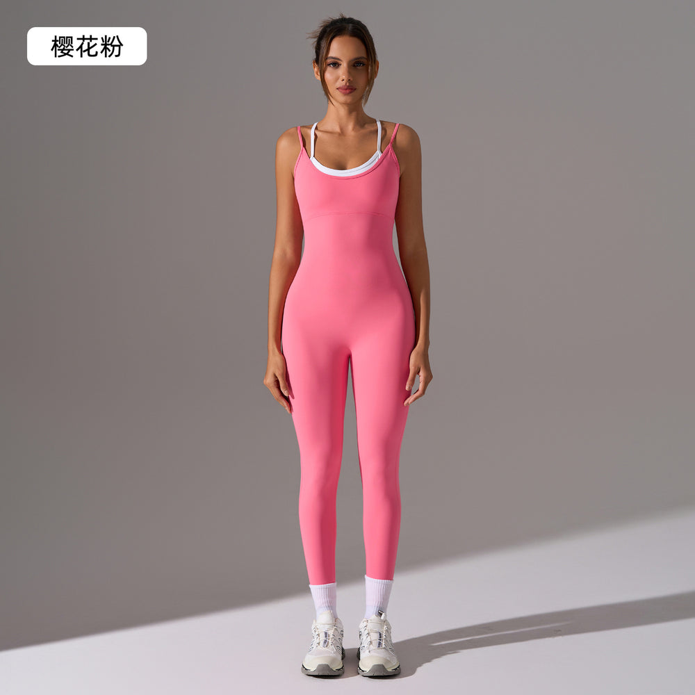 European and american cross-border fake two-piece suspender yoga suit one-piece sexy back lifting butt fitness jumpsuit women dlt015