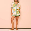cross-border european and american women's clothing: new women's summer fashion printed button-down shirt and shorts outfit set
