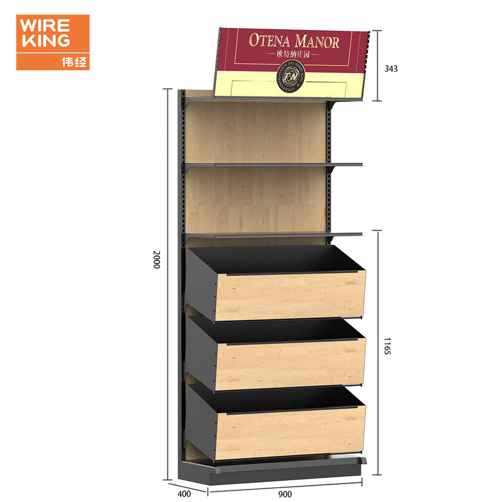 Customized multi-layer red wine shelves, supermarket wine area display shelves, iron-wood combined laminate adjustable wine shelves