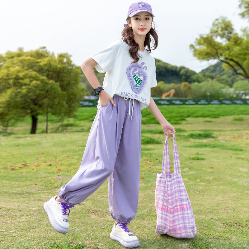 Girls' summer fashion short-sleeve outfit: stylish and trendy lightweight set for girls, ages 8-9