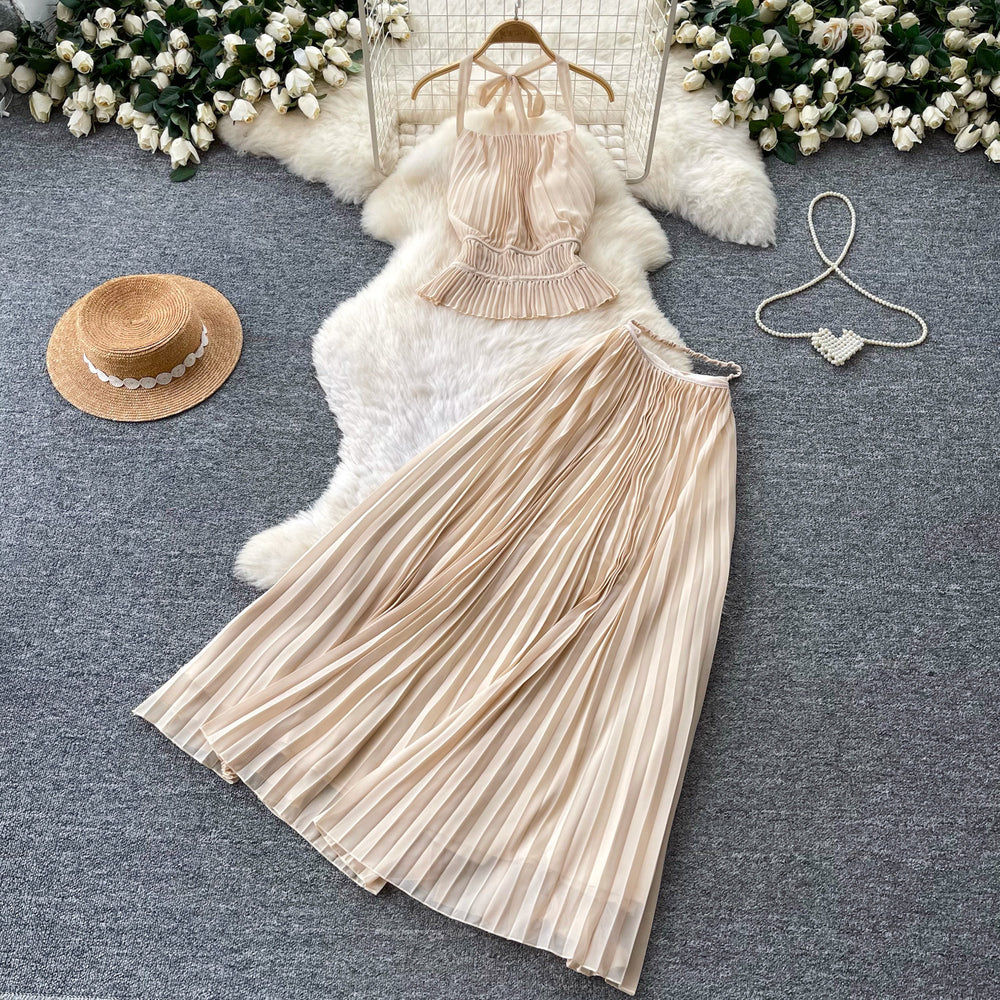 French riviera style halter top & backless two-piece set - women's summer high-waisted pleated skirt slimming chic fashion outfit