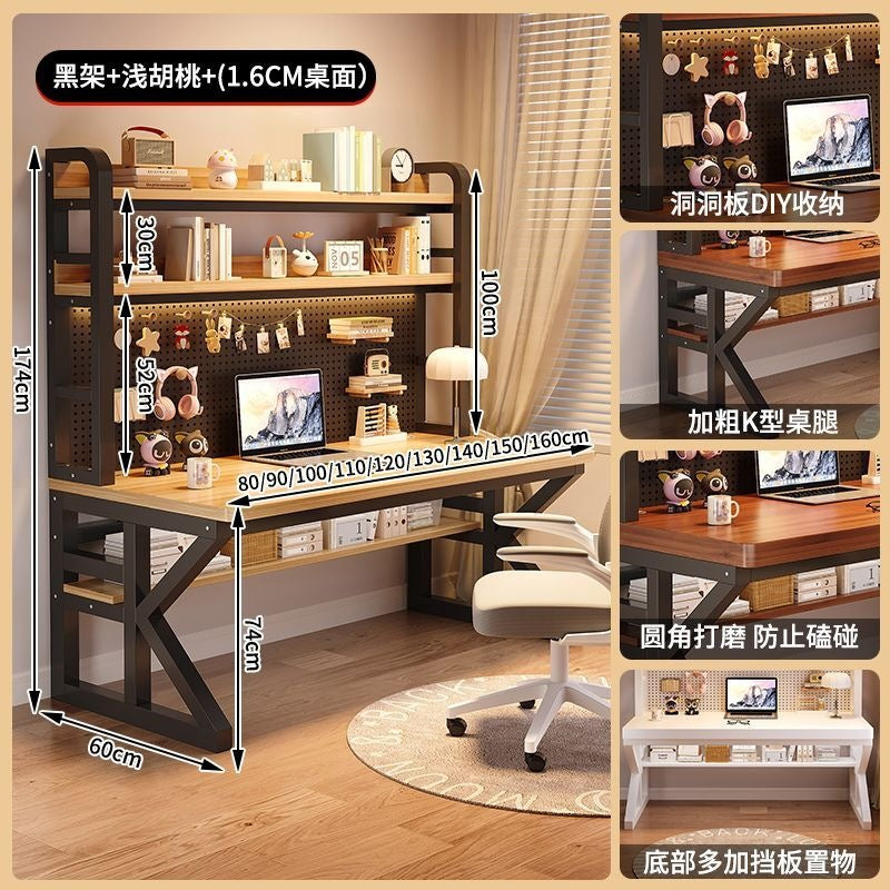 Thickened solid wood desk computer desk for home hole desk bookshelf table all-in-one combination student bedroom office desk