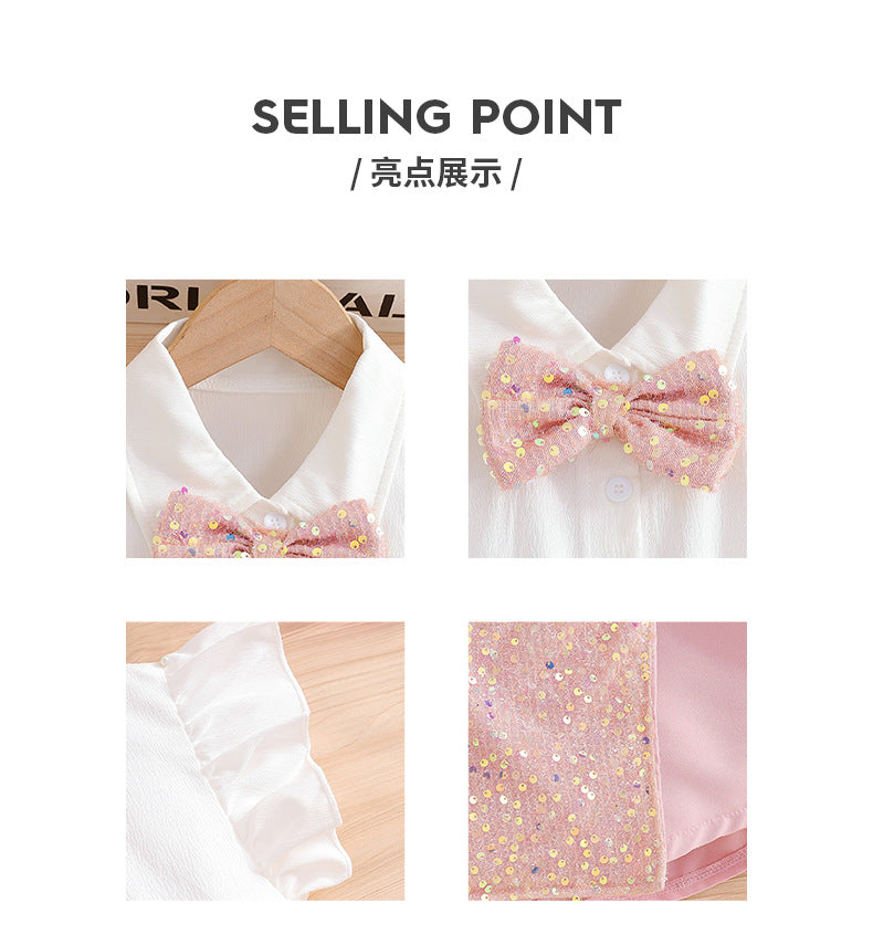 girls' summer skirt set: pink sequin skirt with flutter sleeves and bow tie – kids' sparkly skirt outfit