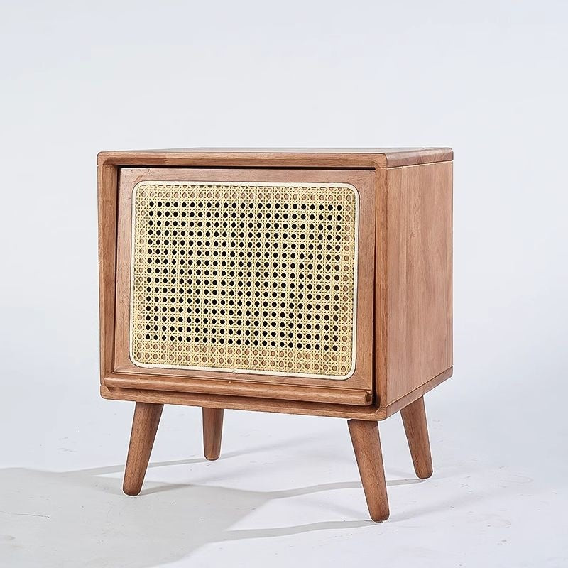 Nordic solid wood bedside table, kids' japanese-style rattan woven robot bedroom storage cabinet, mini simple drawer for small apartments