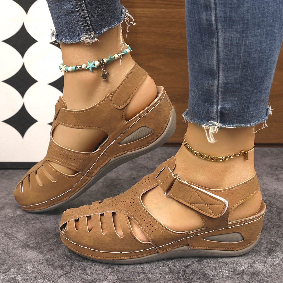 Exportnew arrival2026summer wedge thick sole sandals women's shoes cross-border large size car line wedge toe thick sole sandals