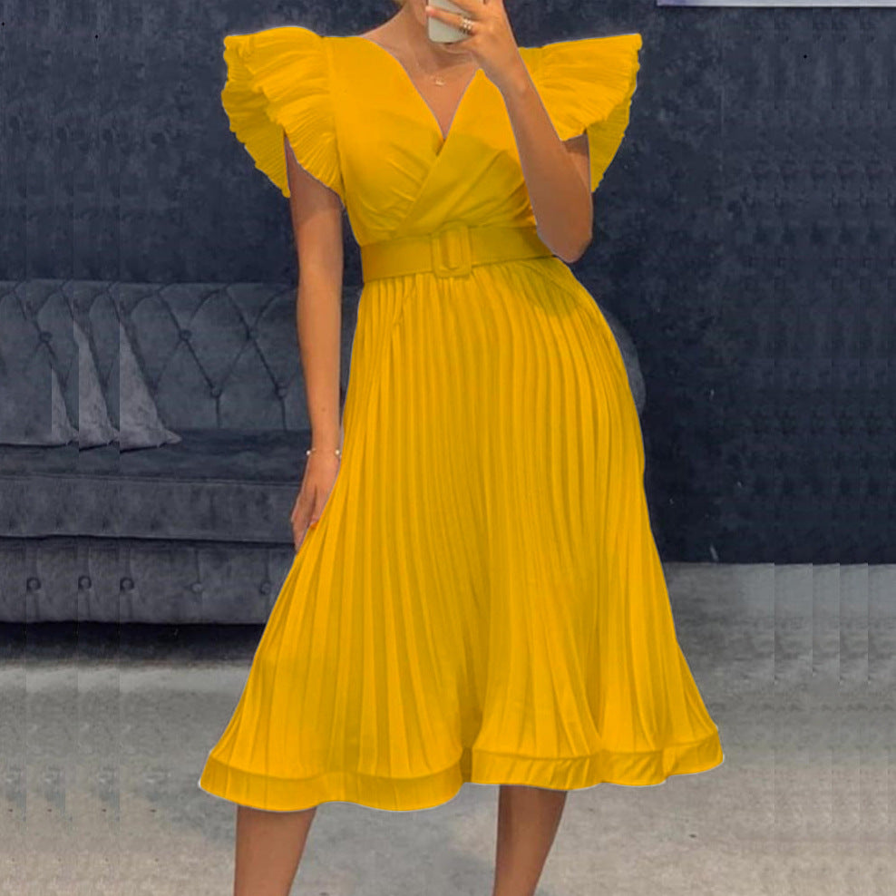 D215 free belt european and american new summer v neck waist pressing pleated elegant work clothing export plus size cross-border dress