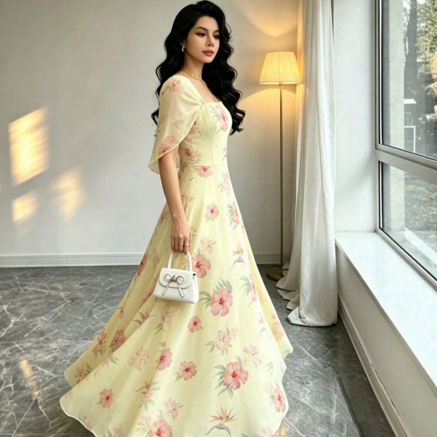 Fresh and vibrant, 's new  european and american cross-border women's wear: a dreamy, french-style printed dress with a gentle and elegant touch