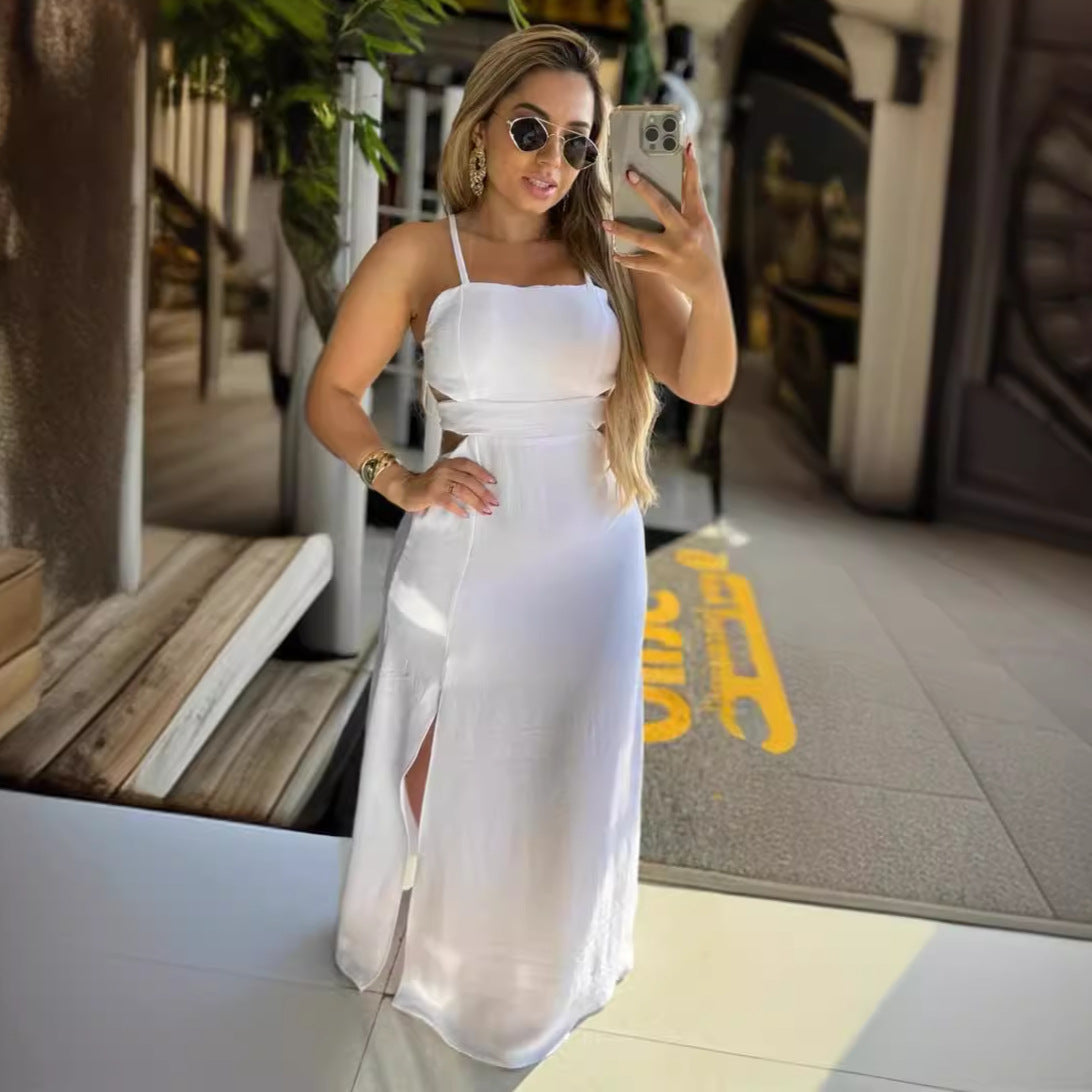 S10790 European and American, solid color suspender split hip strap backless dress