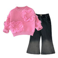 Girls' knit sweater - spring  korean style 3d floral knit top & trendy jeans two-piece set