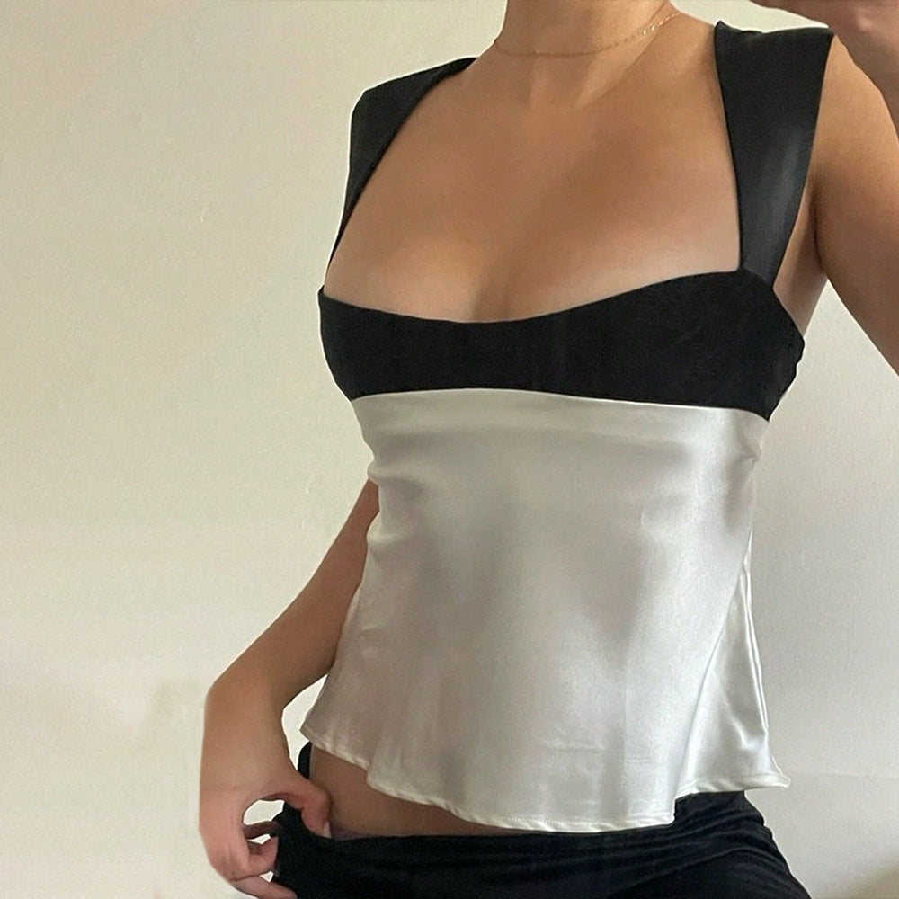 Amazon cross-border export women's clothing niche design vest spring and summer new arrivalshortcontrast colorsatin suspender tops