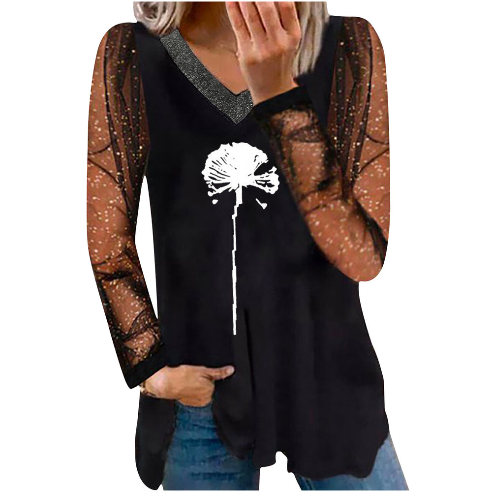 women's casual printed v-neck lace trim gold edge long sleeve t-shirt - in stock